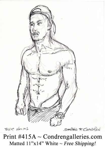 Eric Helms 415A shirtless male torso figure pen & ink drawing by artist Stephen Condren.