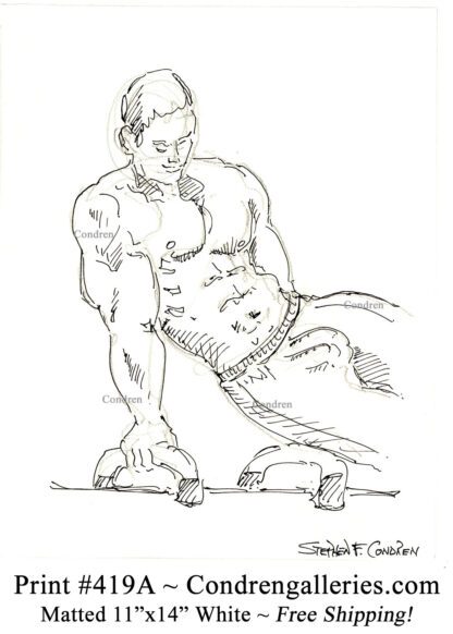 Gymnast 419A, on horse bench shirtless male torso figure pen & ink drawing by artist Stephen Condren.