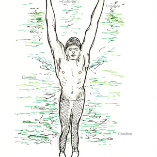 Michael Phelps 422A, swimming as seen from under water pen & ink figure drawing by artist Stephen Condren