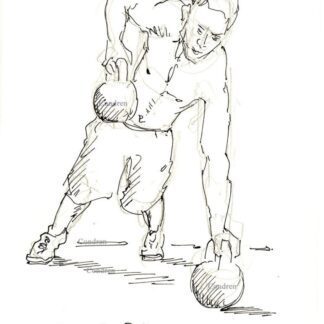 Weightlifter 424A, working dumbbells pen & ink male figure drawing by artist Stephen Condren.