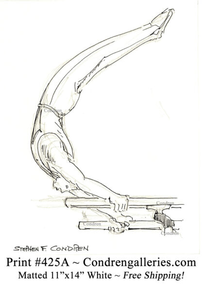 Gymnast 425A on parallel bars pen & ink figure drawing by artist Stephen Condren.