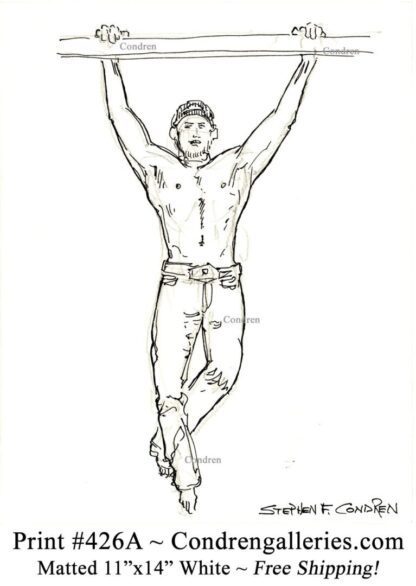 Shirtless male 426A, doing pull-ups pen & ink figure drawing by artist Stephen Condren.