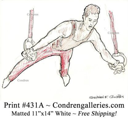 Gymnast 431A on rings pen & ink figure drawing by artist Stephen Condren.