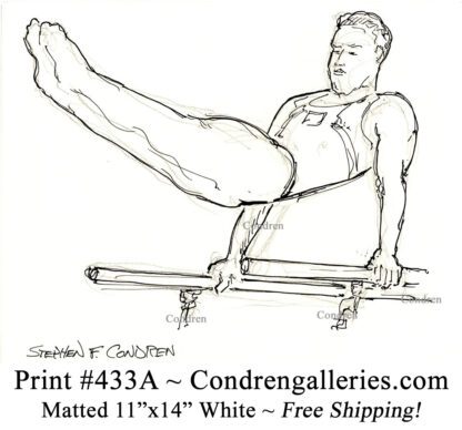 Gymnast 433A on parallel bars pen & ink figure drawing by artist Stephen Condren.