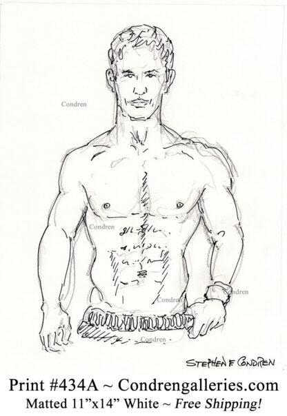 Shirtless male 434A torso pen & ink gay figure drawing of Jason Douglas by artist Stephen Condren.