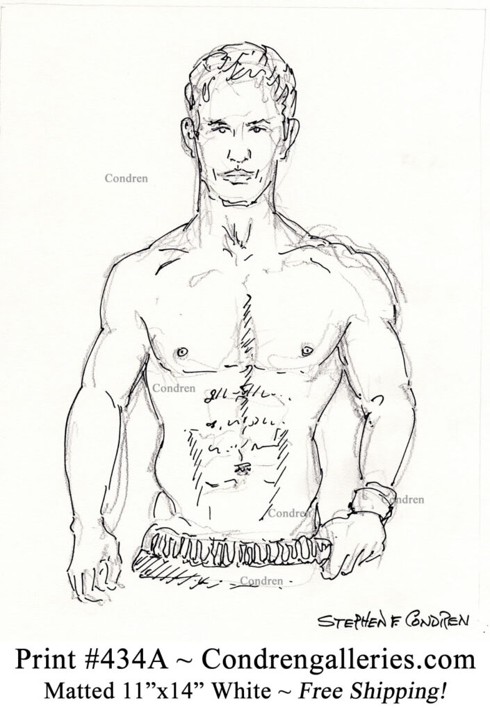 Shirtless male 434A torso pen & ink gay figure drawing of Jason Douglas by artist Stephen Condren.