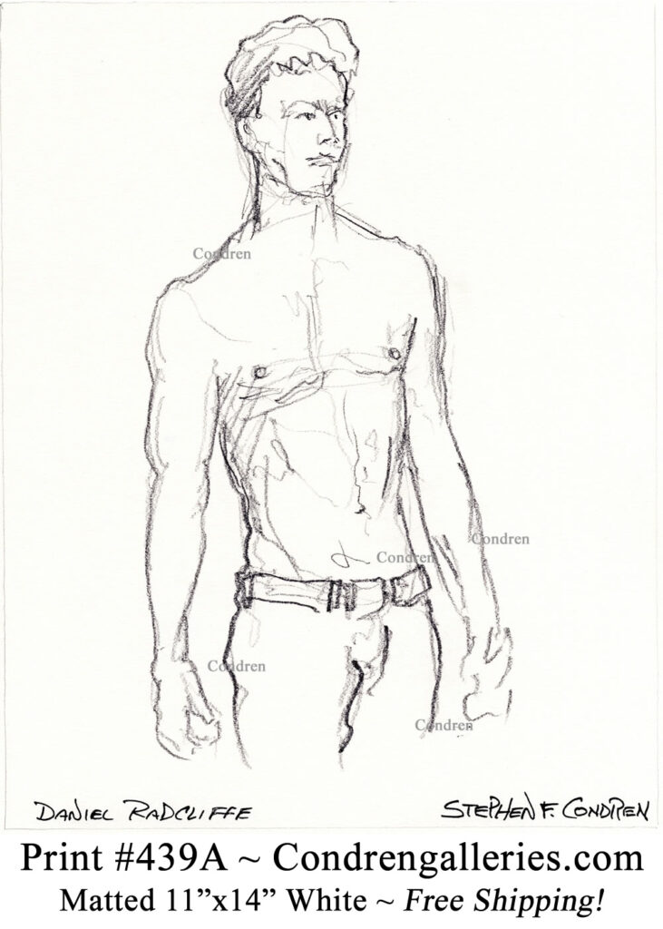 Daniel Radcliffe 439A shirtless male pencil figure drawing by artist Stephen Condren.