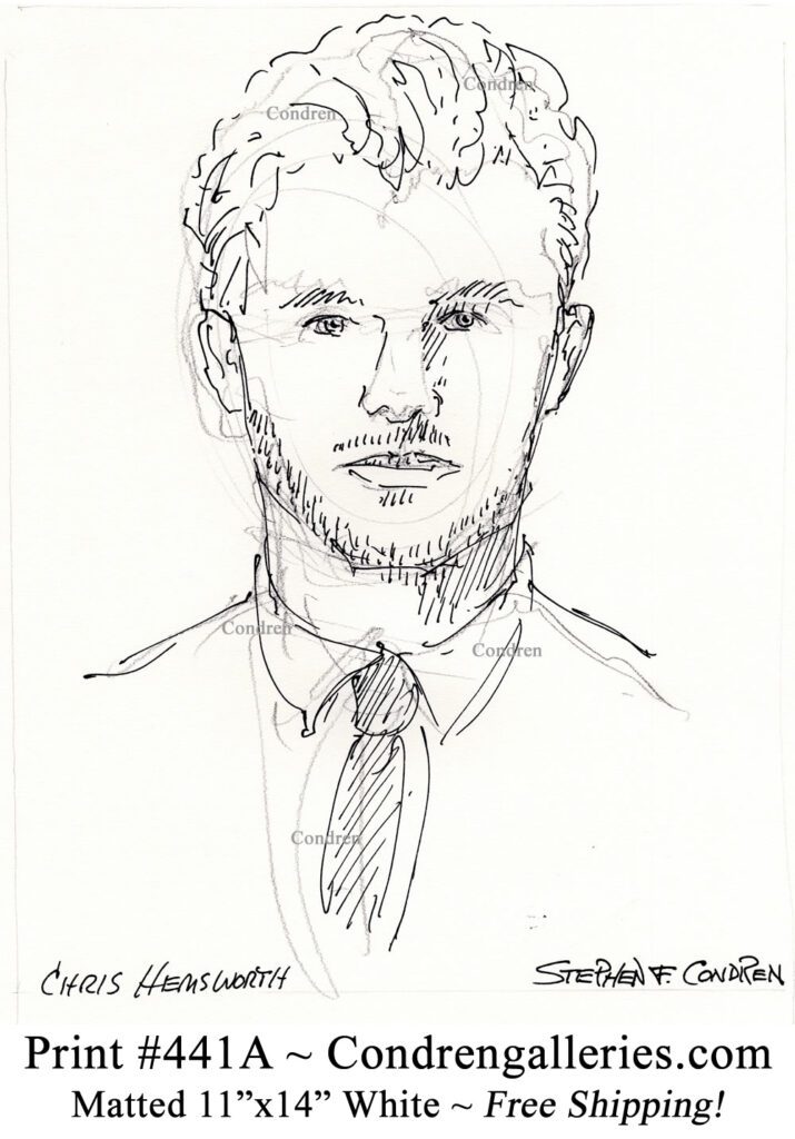 Chris Hemsworth 441A celebrity actor pen & ink portrait drawing by artist Stephen Condren.