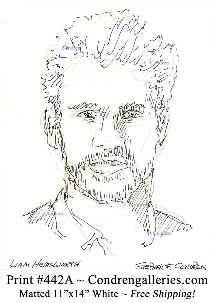 Liam Hemsworth 442A celebrity actor pen & ink portrait drawing by artist Stephen Condren.