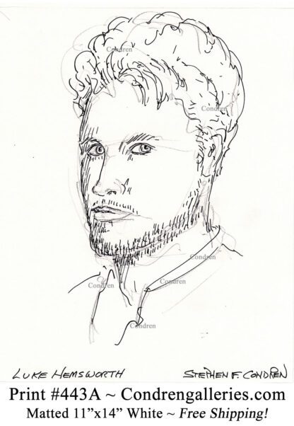 Luke Hemsworth 443A celebrity actor pen & ink portrait drawing by artist Stephen Condren.
