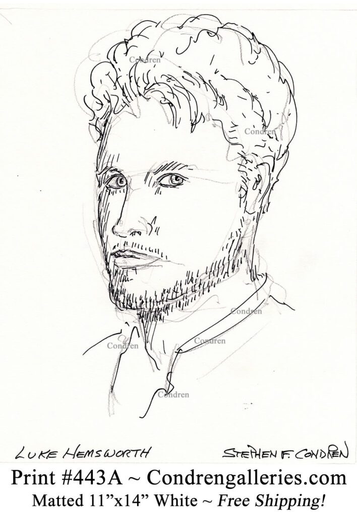 Luke Hemsworth 443A celebrity actor pen & ink portrait drawing by artist Stephen Condren.