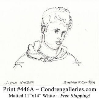 Justin Bieber 446A celebrity singer pen & ink portrait drawing by artist Stephen Condren.