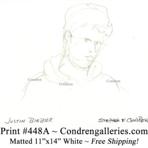 Justin Bieber 448A celebrity singer pencil portrait drawing by artist Stephen Condren.