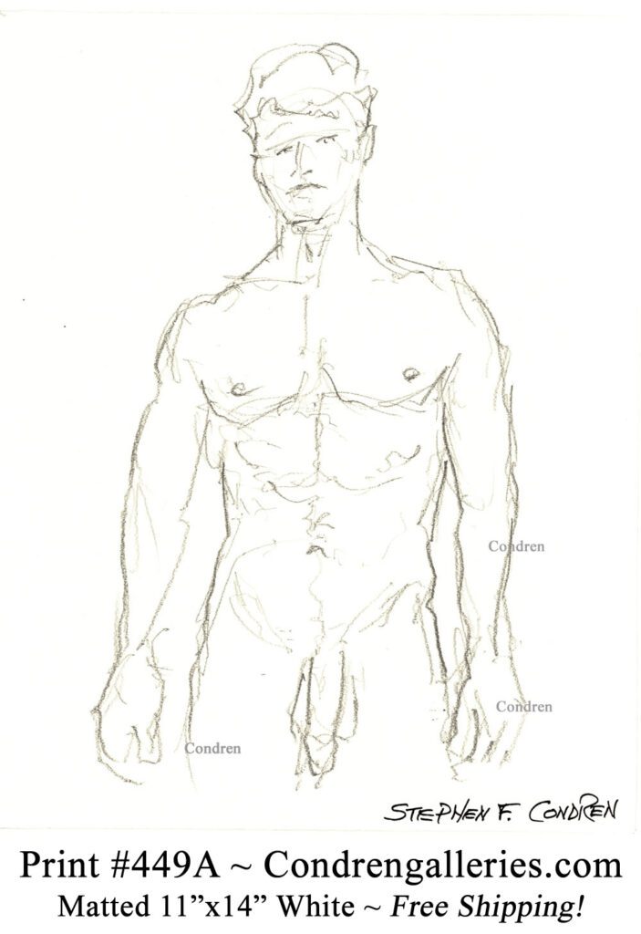 Nude gay male 449A pencil drawing standing with large uncut penis and harry balls.