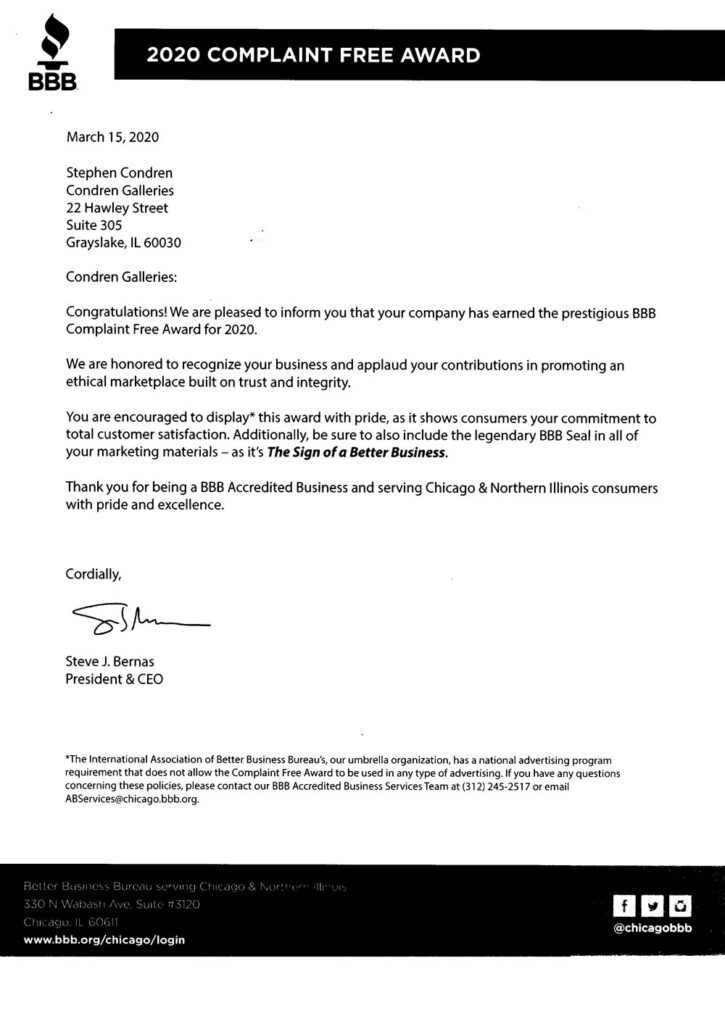 Better Business Bureau Complaint Free Award letter. BBB 2020