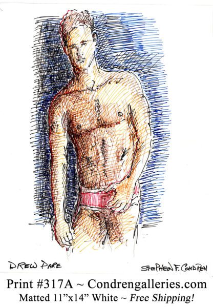 Drew Pare 317A shirtless male torso color pen & ink figure drawing by artist Stephen Condren.