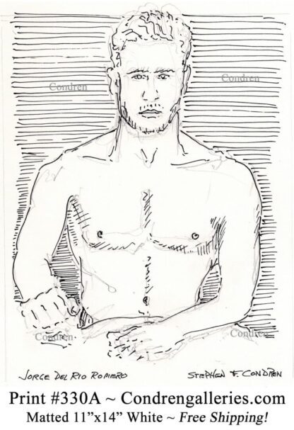 Jorge del Rio Romero 330A shirtless gay male torso figure pen & ink drawing by artist Stephen Condren.