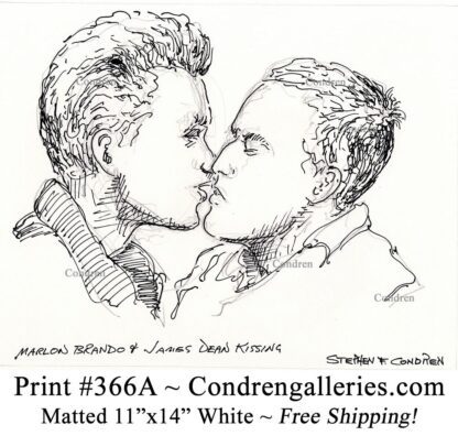 Marlon Brando 366A kissing James Dean celebrity actor pen & ink drawing by artist Stephen Condren.