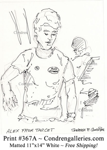 Alex from Target 367A celebrity bagger pen & ink drawing by artist Stephen Condren.