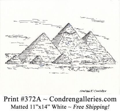 Pyramids 372A pen & ink landmark drawing by artist Stephen Condren.