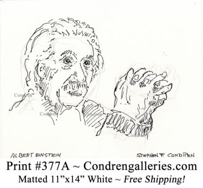 Albert Einstein 377A celebrity Scientist pen & ink portrait drawing by artist Stephen Condren.