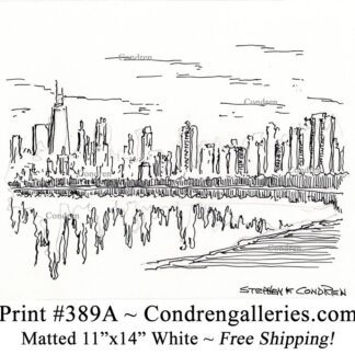 Chicago skyline 389A pen & ink cityscape drawing of the north shore at sunset by Stephen Condren.
