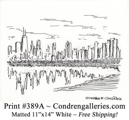 Chicago skyline 389A pen & ink cityscape drawing of the north shore at sunset by Stephen Condren.