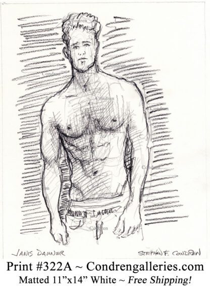 Janis Danner 322A shirtless male celebrity torso pencil figure drawing by artist Stephen Condren.