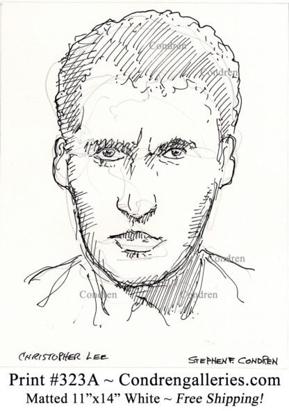 Christopher Lee 323A celebrity actor pen & ink portrait drawing by artist Stephen Condren.