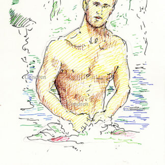 Jorge del Rio Romero 327A shirtless male torso figure color pen & ink drawing by artist Stephen Condren.
