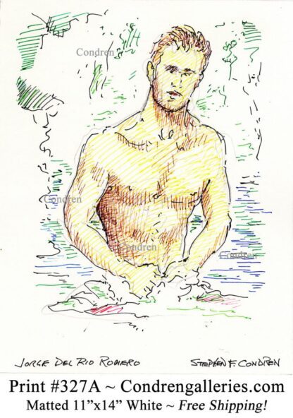 Jorge del Rio Romero 327A shirtless male torso figure color pen & ink drawing by artist Stephen Condren.