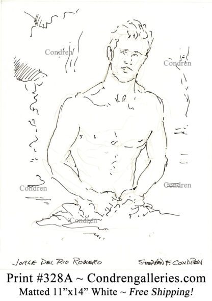 Jorge del Rio Romero 328A shirtless gay male figure pen & ink drawing by artist Stephen Condren.