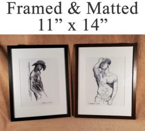 Two framed figure drawings of nude gay cowboys.