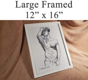 Large framed print of a gay male figure.