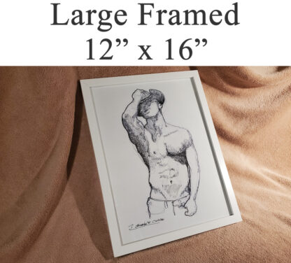 Large framed print of a gay male figure.