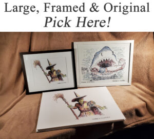 Large framed prints with fictional and mythological art.