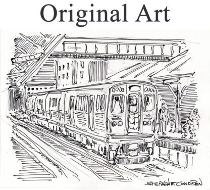 Pen & ink drawing of the Chicago elevated trains.