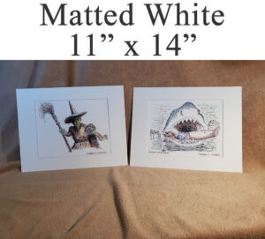 Matted white prints of fictional and mythological art.