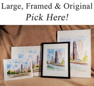 Large framed print of skylines, cityscapes, landmarks, and city scenes.