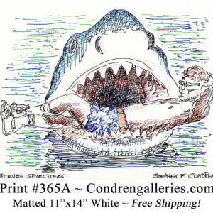 Steven Spielberg 365A celebrity actor pen & ink drawing in the mouth of Jaws by artist Stephen Condren.