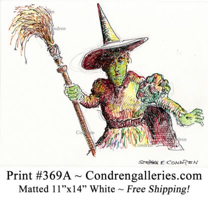 Wicked witch 369A of the West multi-color pen & ink celebrity drawing, with green face by artist Stephen Condren.