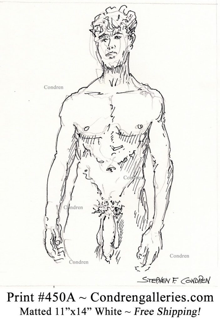 Nude gay male 450A standing with large uncut penis and harry balls pen & ink drawing.