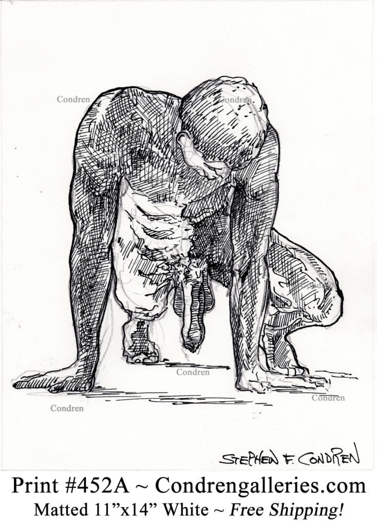Nude gay male 452A on all fours with large uncut cock and balls hanging pen & ink drawing.