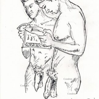 Nude gay men 453A standing naked with large harry cocks & balls with low hangers pen & ink drawing.