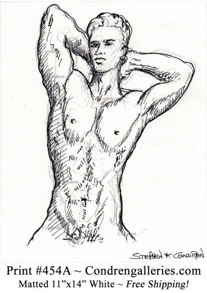 Nude male torso 454A with chiseled 6-pack and buff abs pen & ink gay figure drawing.
