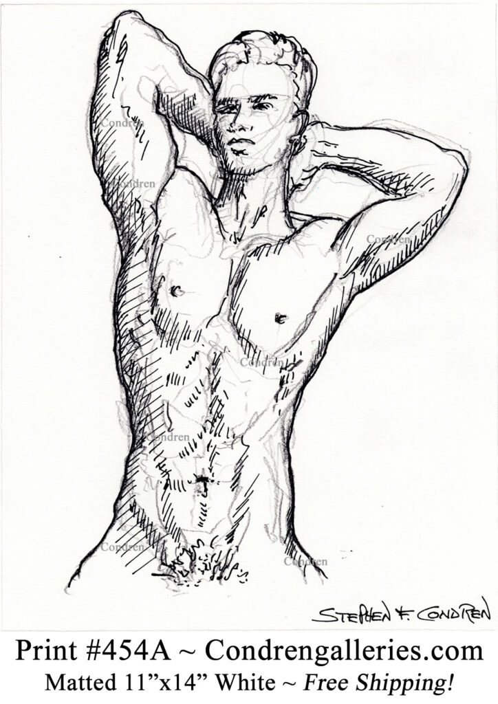 Nude male torso 454A with chiseled 6-pack and buff abs pen & ink figure drawing.