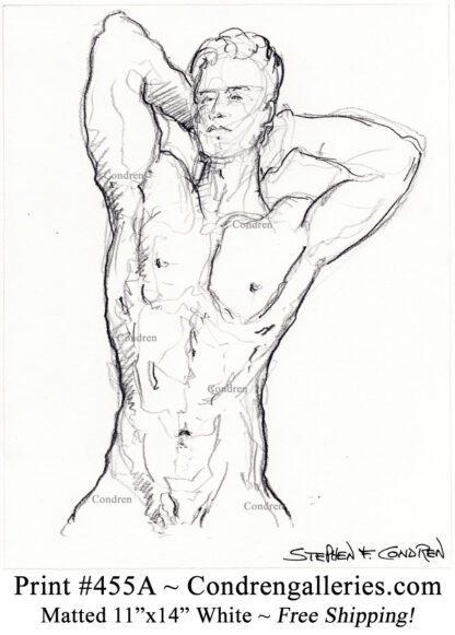 Nude male torso 455A with chiseled 6-pack and buff abs pencil gay figure drawing.