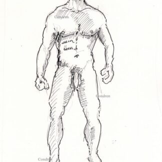Nude male standing alone, pen & ink gay figure drawing standing with 6-pack, and muscular physique. and flaccid uncut penis,