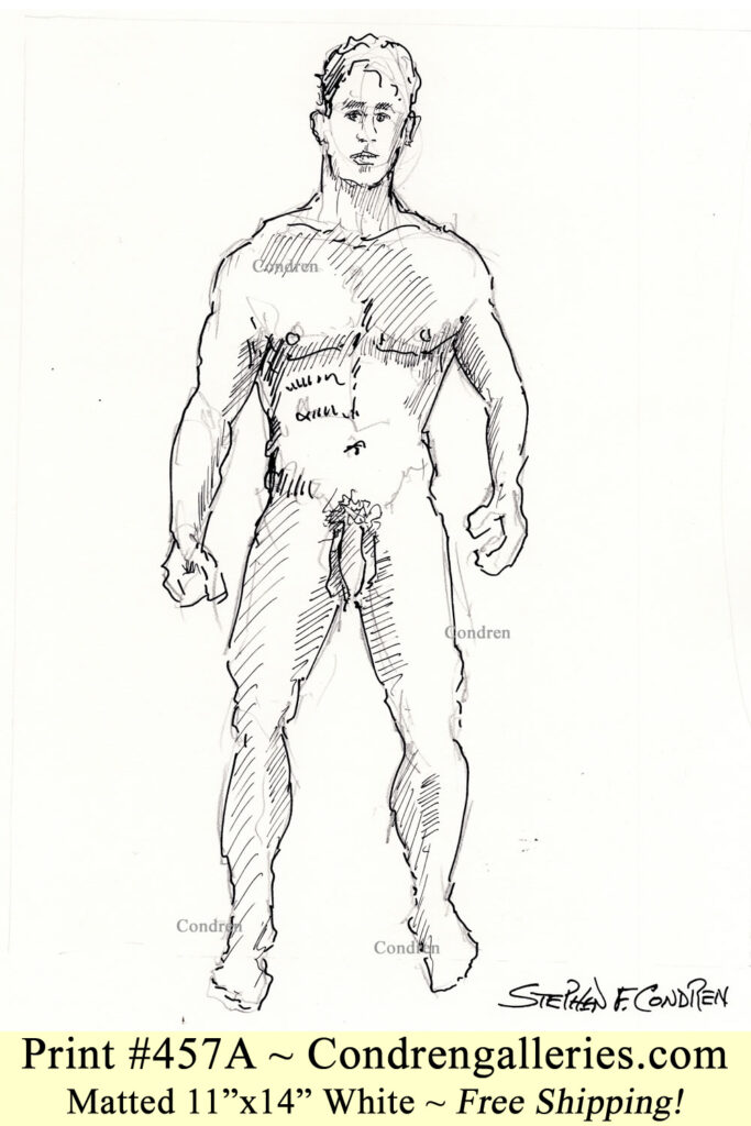 Nude male 457A standing with 6-pack, and muscular physique, pen & ink figure drawing.