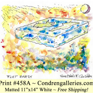Flat earth 458A square platter with corners pen & ink with watercolor drawing by artist Stephen Condren.